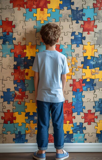 Un niño de pie frente a una pared cubierta de piezas de rompecabezas