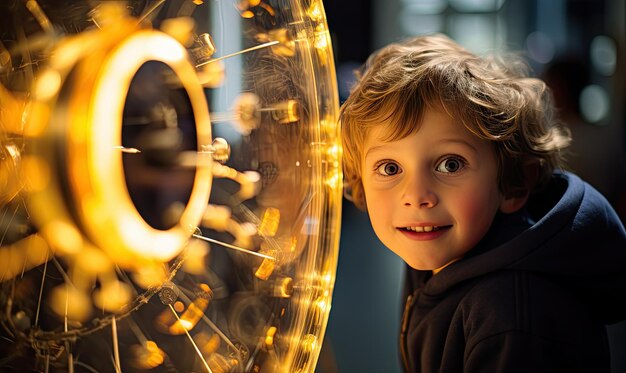 Foto niño de pie frente a un reloj