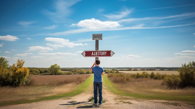 Foto niño de pie frente a una señal en un campo