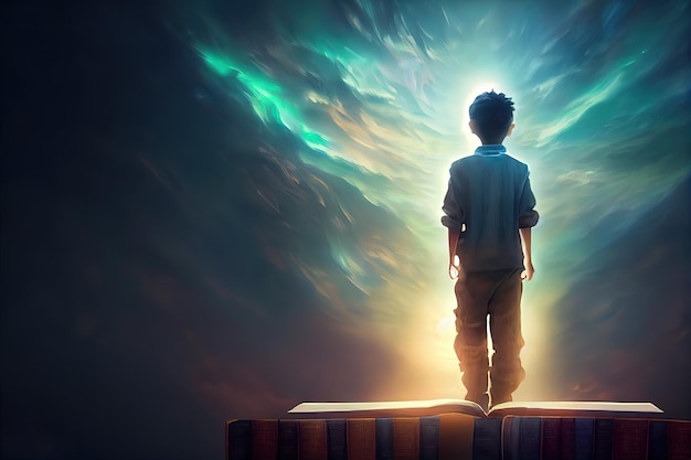 Niño de pie en el libro gigante abierto con pintura de ilustración de estilo de arte digital de luz de fantasía