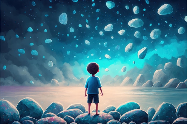 Niño de pie y mirando las rocas mágicas flotando en el cielo ilustración de estilo de arte digital pintura concepto de fantasía de niño mirando las rocas místicas