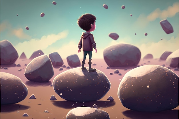 Niño de pie y mirando las rocas mágicas flotando en el cielo ilustración de estilo de arte digital pintura concepto de fantasía de niño mirando las rocas místicas