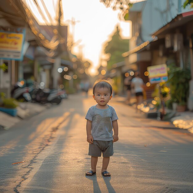 Un niño de pie en la moda de la calle de la ciudad