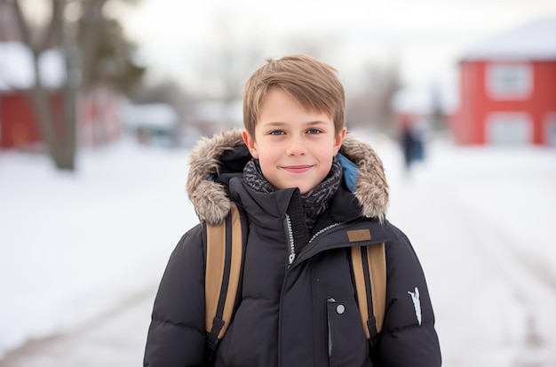 Niño de pie en la nieve con chaqueta