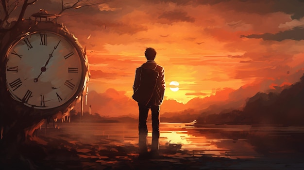 niño de pie con el reloj en el fondo de una puesta de sol y un río