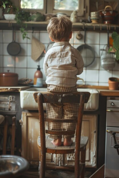 niño de pie en una silla para lavarse las manos en el grifo de la cocina