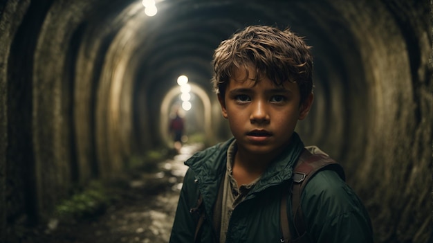 Un niño de pie en un túnel