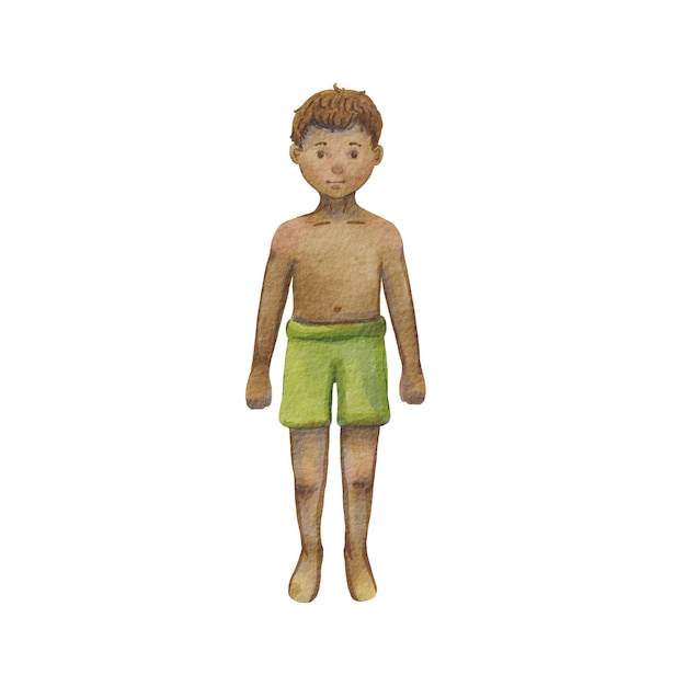 Foto un niño con piel oscura en pantalones cortos se encuentra aislado en un fondo blanco ilustración de acuarela de un isleño dibujo de un niño pequeño motivo de verano el estilo de dibujos animados es adecuado para libros
