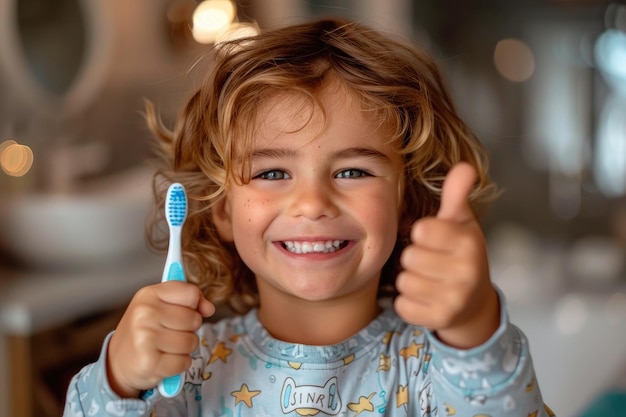 un niño en pijama en el baño con un cepillo de dientes en una mano y pulgares para la higiene dental en