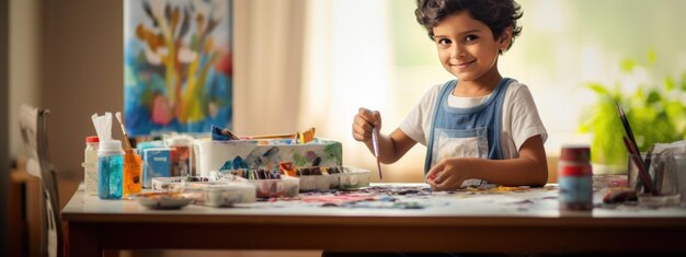 Foto niño pinta un cuadro con pinturas en lienzo