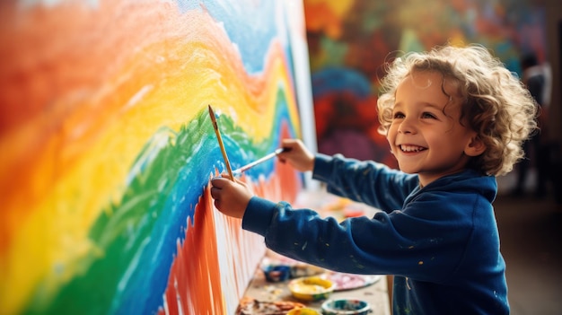 Niño pintando un arcoiris sobre un lienzo.