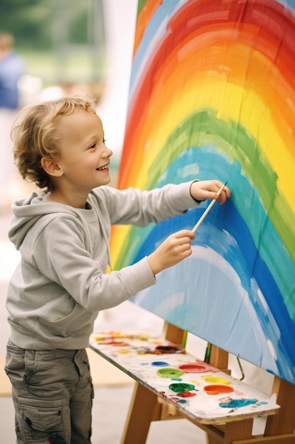 Niño pintando un arcoiris sobre un lienzo.