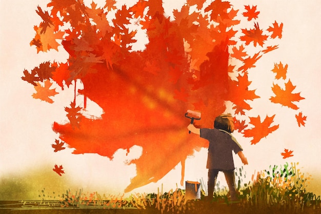 Niño pintando forma de hojas de arce en la pared, concepto de otoño, pintura de ilustración