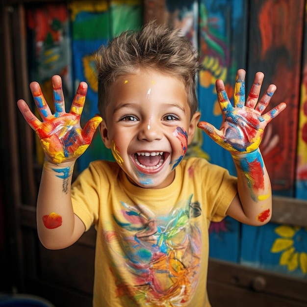 Un niño con pintura en la cara lleva una camisa amarilla con la palabra " pintado " en ella.