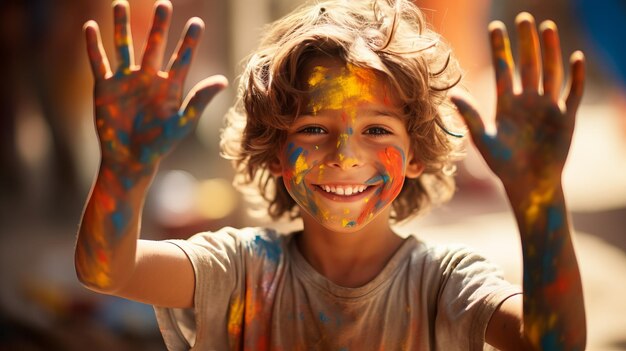 Un niño con pintura de colores en la cara y las manos sonríe felizmente