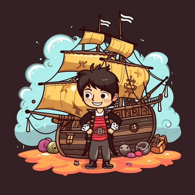 niño pirata de dibujos animados de pie frente a un barco con un cráneo y huesos cruzados generativo ai