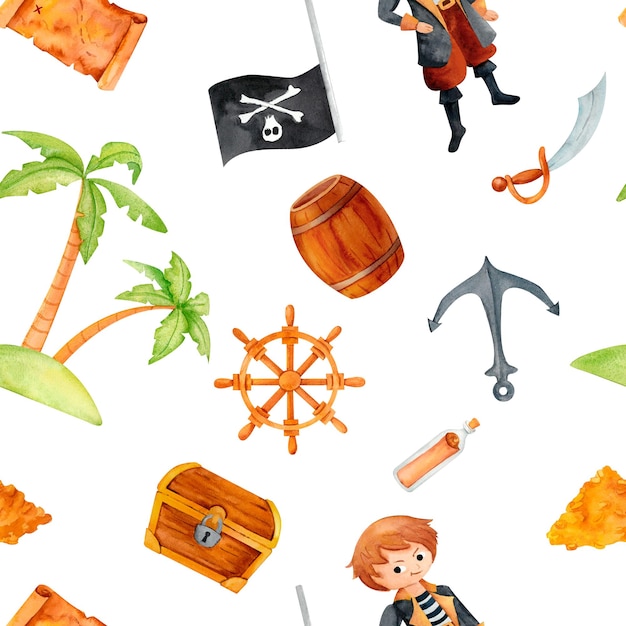 Un niño pirata juguetón con equipo náutico cofre de botín ancla pesada rueda de barcos clásicos y Jolly Roger Este motivo de acuarela funciona bien para invitaciones telas y envases