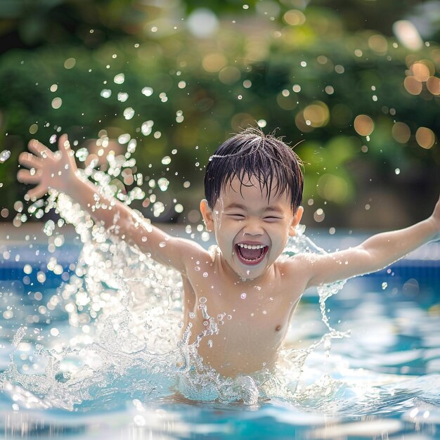 un niño en una piscina con agua salpicando a su alrededor