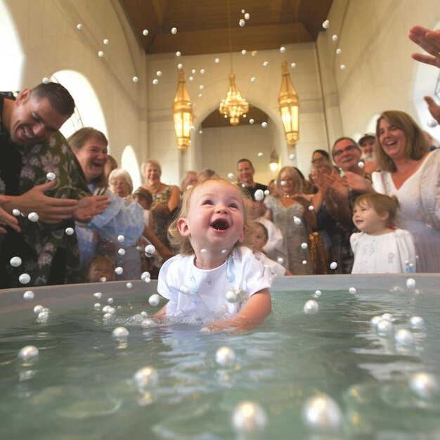 Foto un niño en una piscina con burbujas en el fondo.