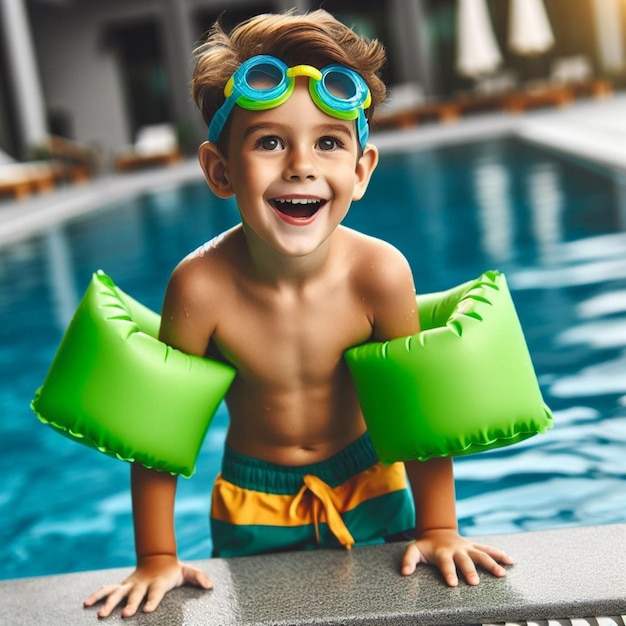 Niño en la piscina con flotador verde