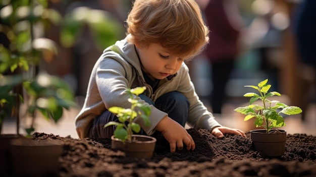Niño plantando un pequeño árbol en un jardín
