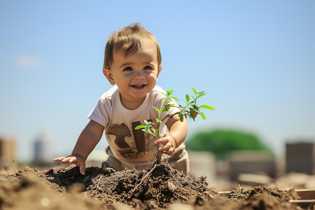 Un niño plantando en la tierra un pequeño árbol pequeño