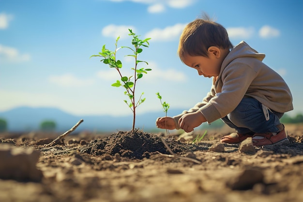 Un niño plantando en la tierra un pequeño árbol pequeño