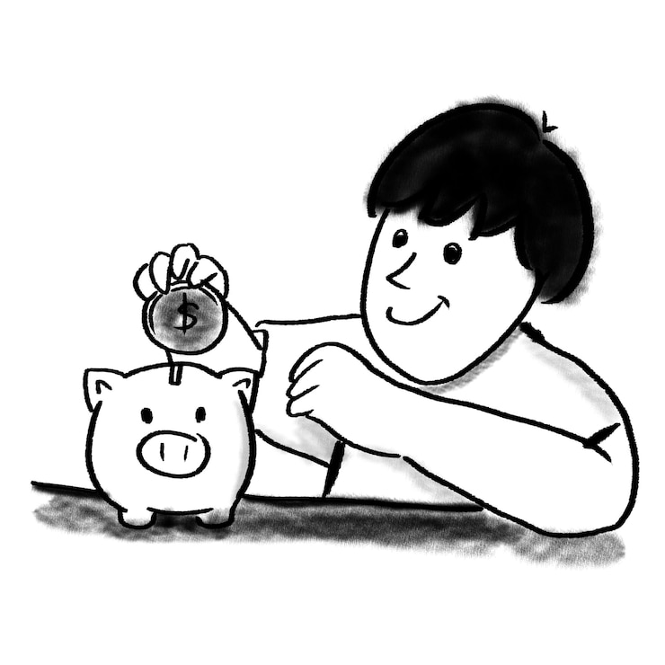 Foto niño png poniendo moneda en la alcancía dibujando un fondo transparente