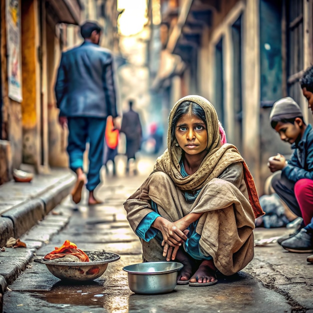 Foto niño pobre o mendigo pidiéndote ayuda sentado en un barrio sucio el concepto de pobreza