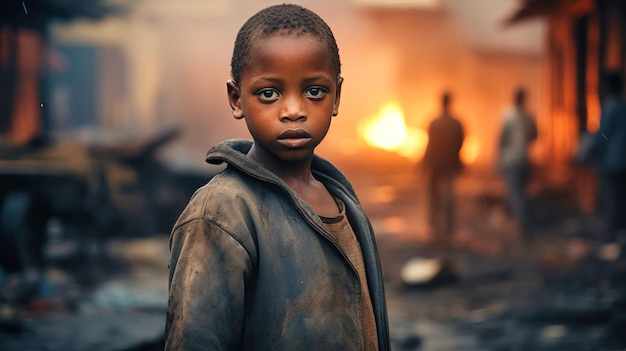 Foto un niño pobre está de pie en un vertedero de humo en las afueras de un barrio pobre concepto de pobreza y hambre ayudar a los niños hambrientos