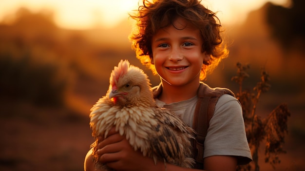 niño con pollo al atardecer