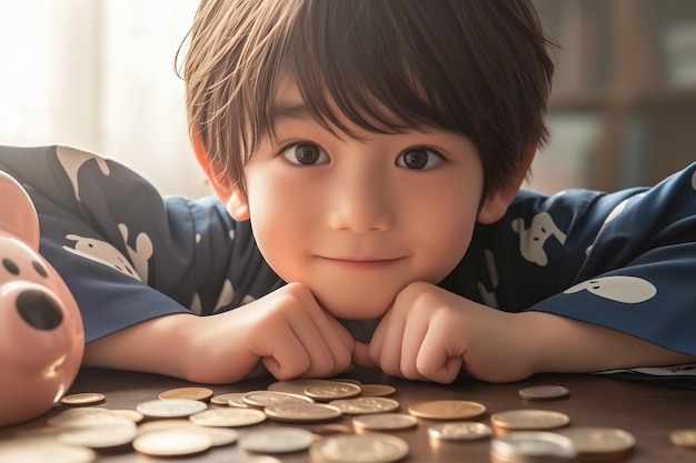 Niño poniendo monedas en la alcancía en el concepto de planificación futura