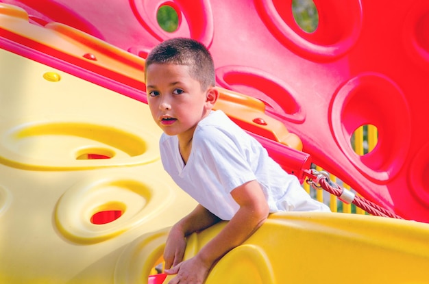 Niño posando desde la parte superior de una estructura de juego