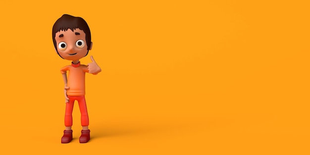 Niño posando con los pulgares hacia arriba sobre fondo naranja Copiar espacio Ilustración 3D Dibujos animados