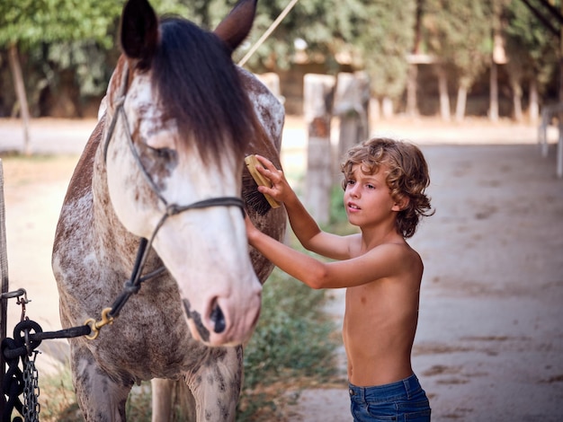 Niño positivo sin camisa con pelo rubio rizado peinando a un amigo caballo con un cepillo mientras está de pie en el paddock del rancho