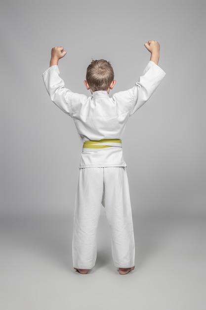 Niño practicando artes marciales con los brazos levantados en señal de victoria. Vista trasera.