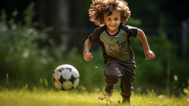 Foto niño practicando habilidades futbolísticas disfrutando de una actividad al aire libre