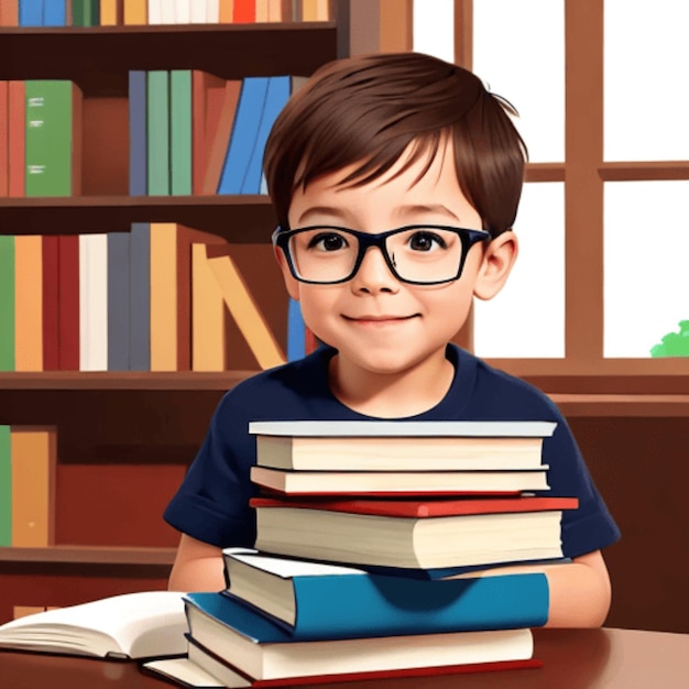 Un niño precoz con gafas y una pila de libros con ganas de aprender