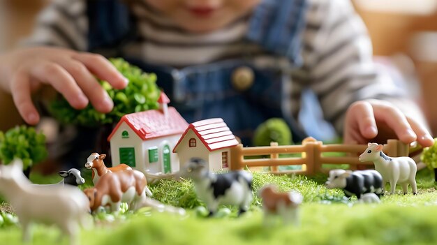 Foto niño de preescolar jugando con una granja de juguetes puesta de cerca el niño está usando sus manos para mover los animales y edificios alrededor de una superficie verde