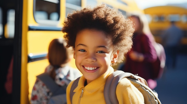 Foto niño de primaria sentado en un autobús escolar amarillo