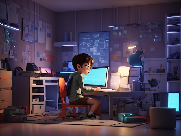 Un niño programando en una habitación renderizada en estilo 3D