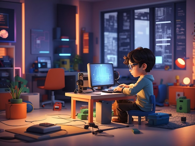 Un niño programando en una habitación renderizada en estilo 3D