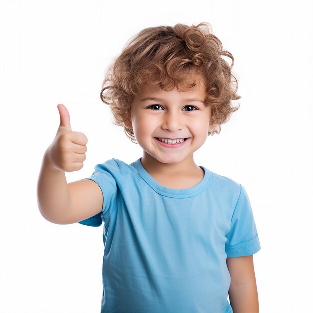 Foto niño con el pulgar en alto sobre un fondo blanco