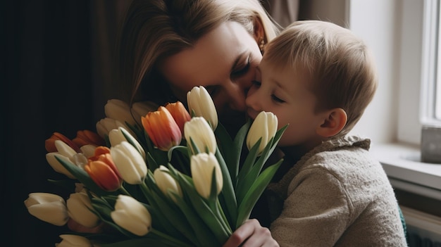 El niño que celebra el Día de la Madre con flores y abrazos para su mamá