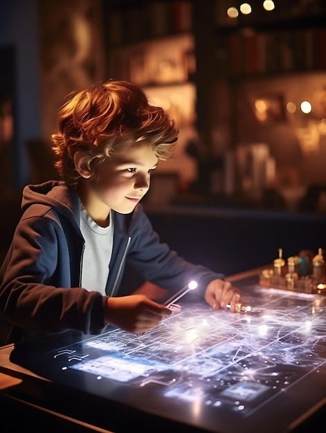 Un niño que investiga con una tabla periódica fascinado por la generación Alpha de Scienc Digital Native Gen