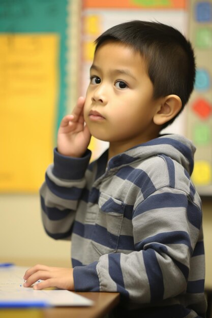 Un niño que pide ayuda en clase para resolver su problema matemático creado con inteligencia artificial generativa