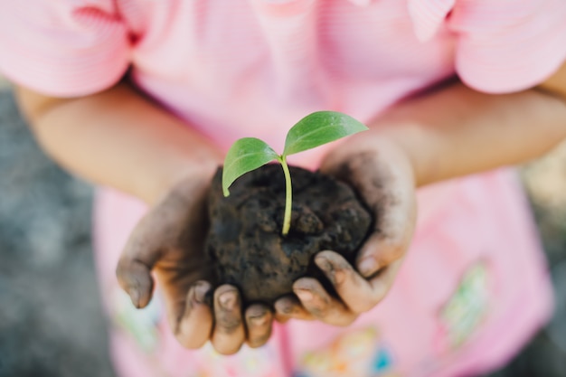 Niño que planta un árbol para el concepto del día de madre tierra.