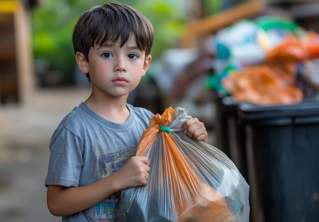 Un niño que saca la basura llevando una bolsa de basura al contenedor al aire libre con determinación