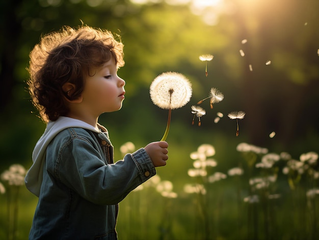 un niño que sopla semillas de diente de león