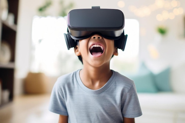 Foto un niño que usa un auricular de realidad virtual está usando un par de gafas de realidad virtual